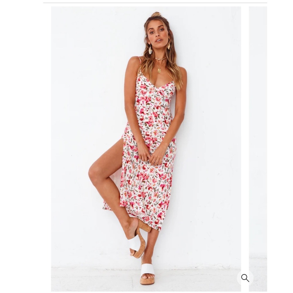 Hello Molly Floral Midi Dress Pink White V-Neck Tie Back‎ Slit US 6 NEW